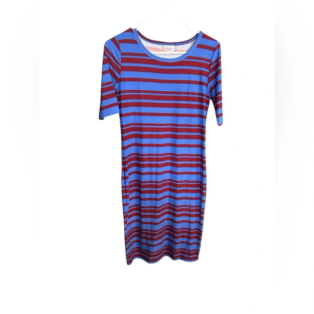LuLaRoe Blue and Burgundy Striped Knit dress - Picture 1 of 3